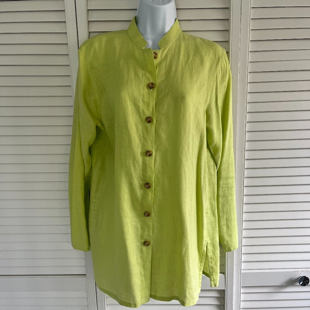 Harve Bernard Button Down Linen Tunic, Pleated Back Light Green, Size 12 (8-10)